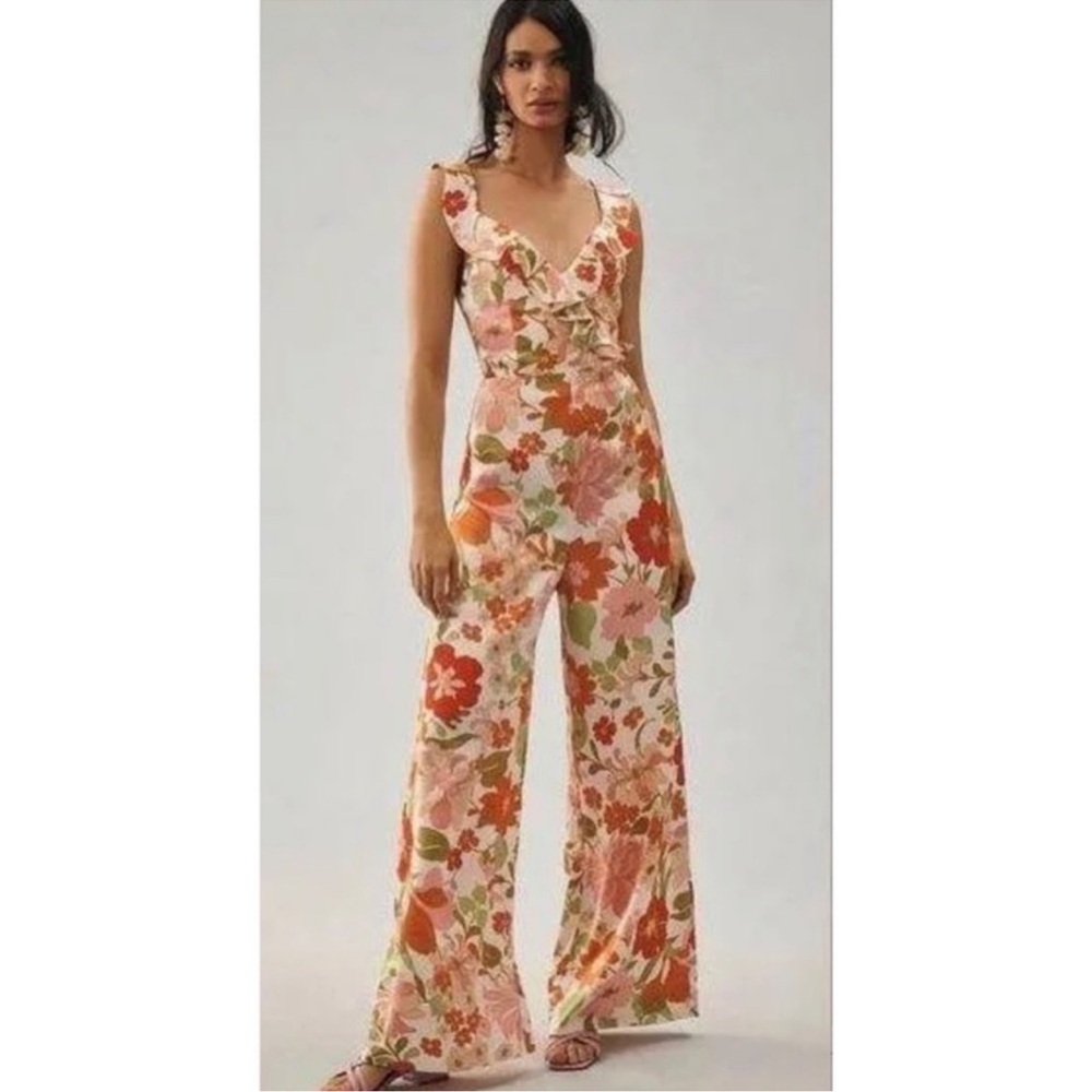 Anthropologie Elliatt Heliconia Red Motif Floral Strap Lined Ruffle Jumpsuit S